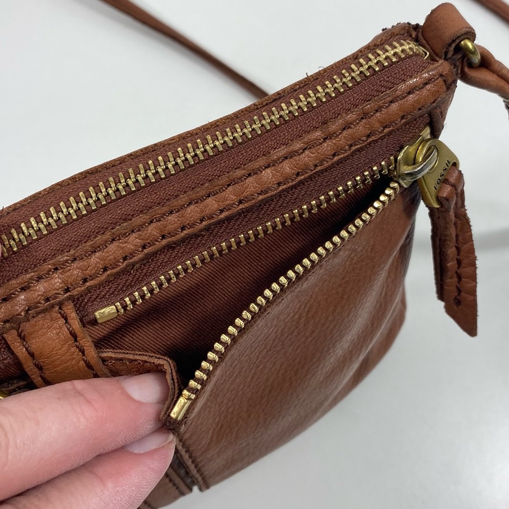 Vintage Fossil Erin Cognac Caramel Brown Pebbled Leather Top Zip Crossbody Bag - Picture 14 of 16